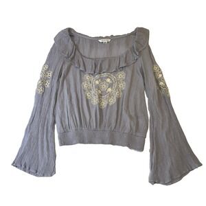 American Eagle Embroidered Boho Top Medium Cropped Ruffle Off Shoulder Bell Dot